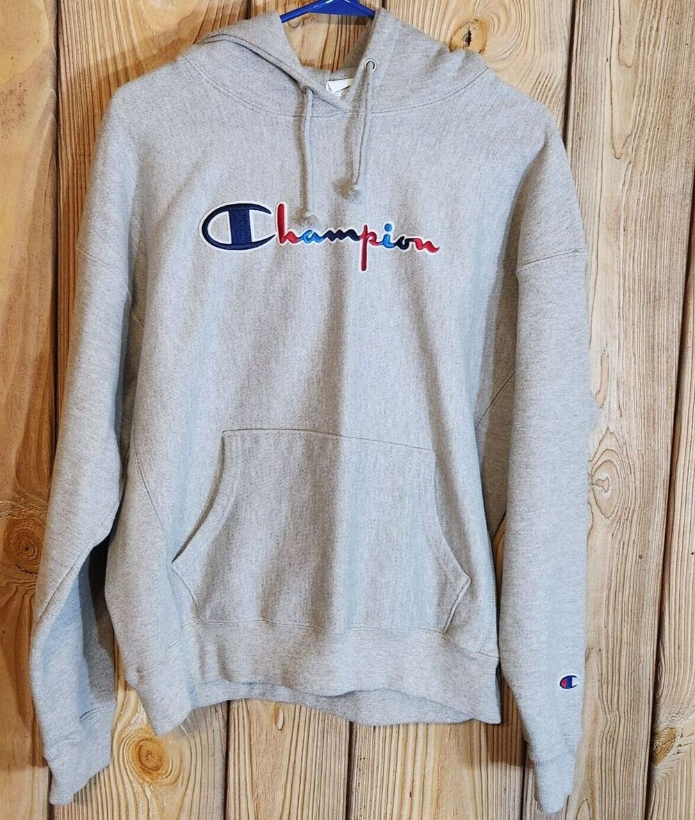 Champion Hoodie Women Large Gray Colorful Embroidered Logo Pullover Kangaroo Pkt